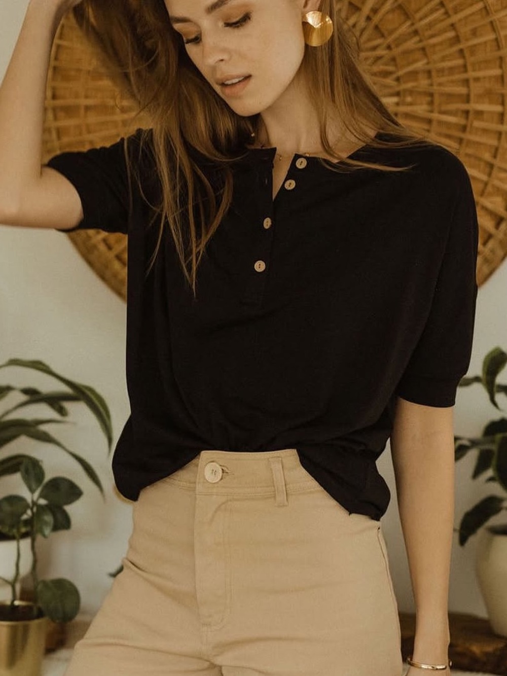 Jackson Rowe Black Ribbed Button Henley Tee S